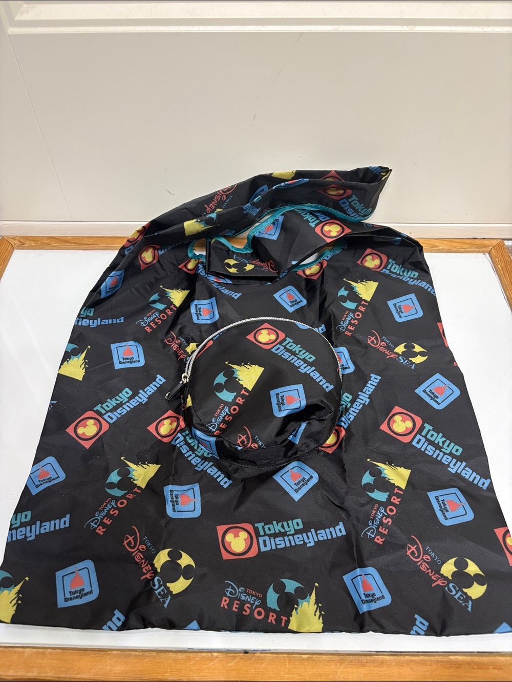 Disney Tokyo Disneyland Black Blue Red Yellow Patterned Drawstring Bag
